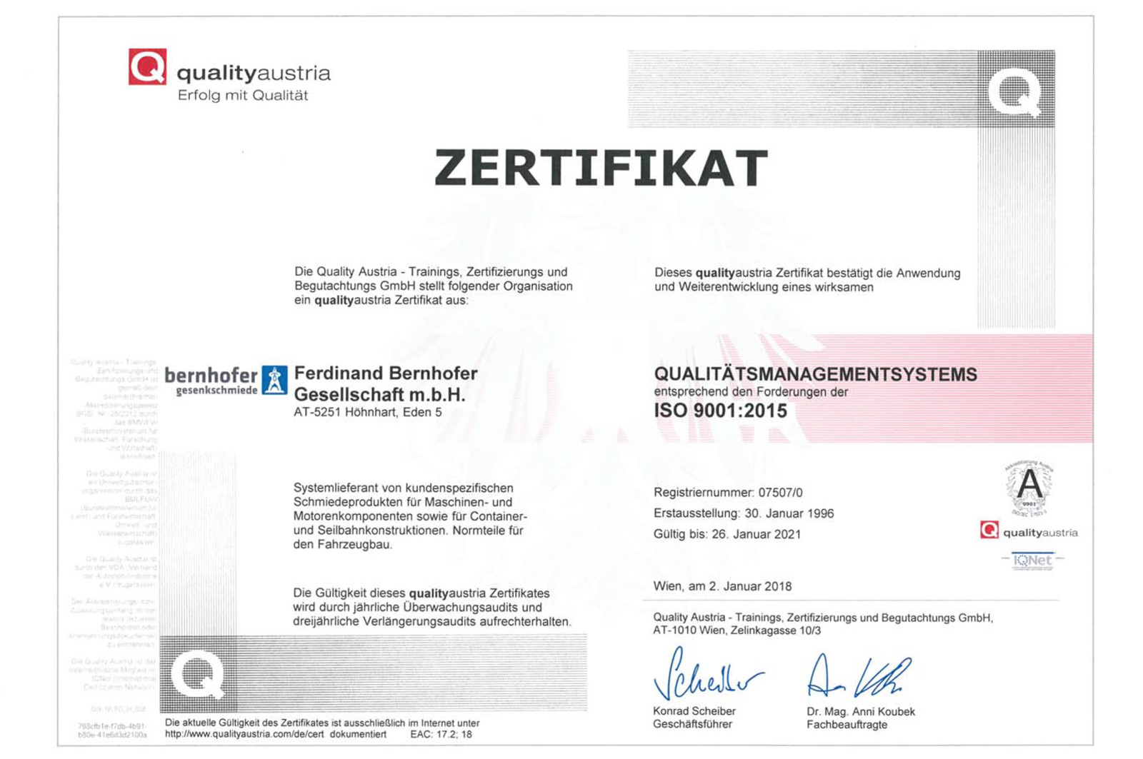Geschichte 2018 Zertifikat ISO9001 001